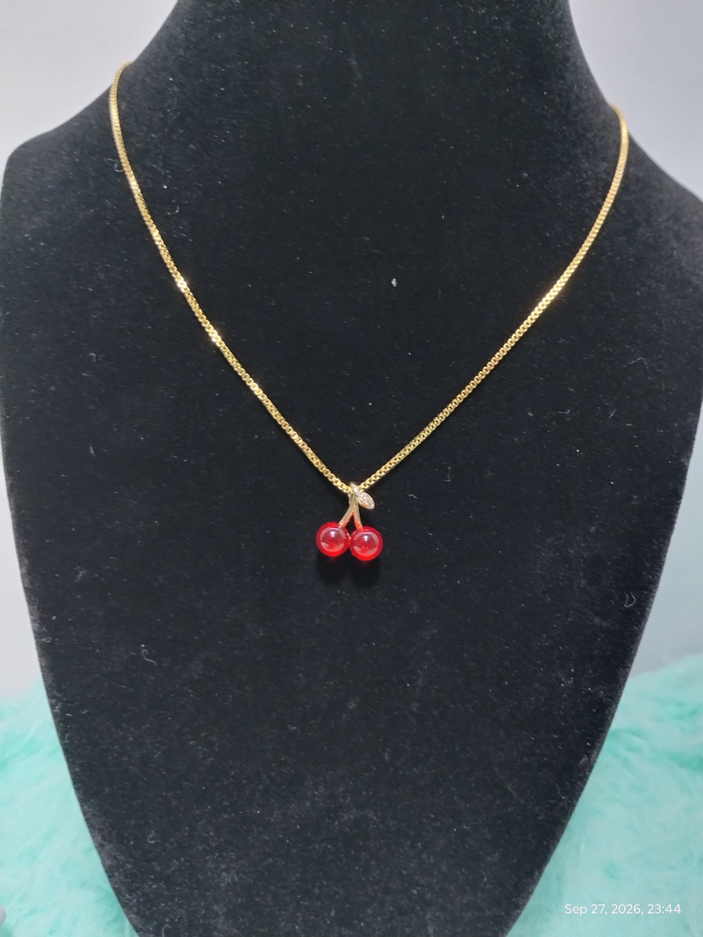 Gold-Tone Chain Necklace with Red Cherry Pendant
